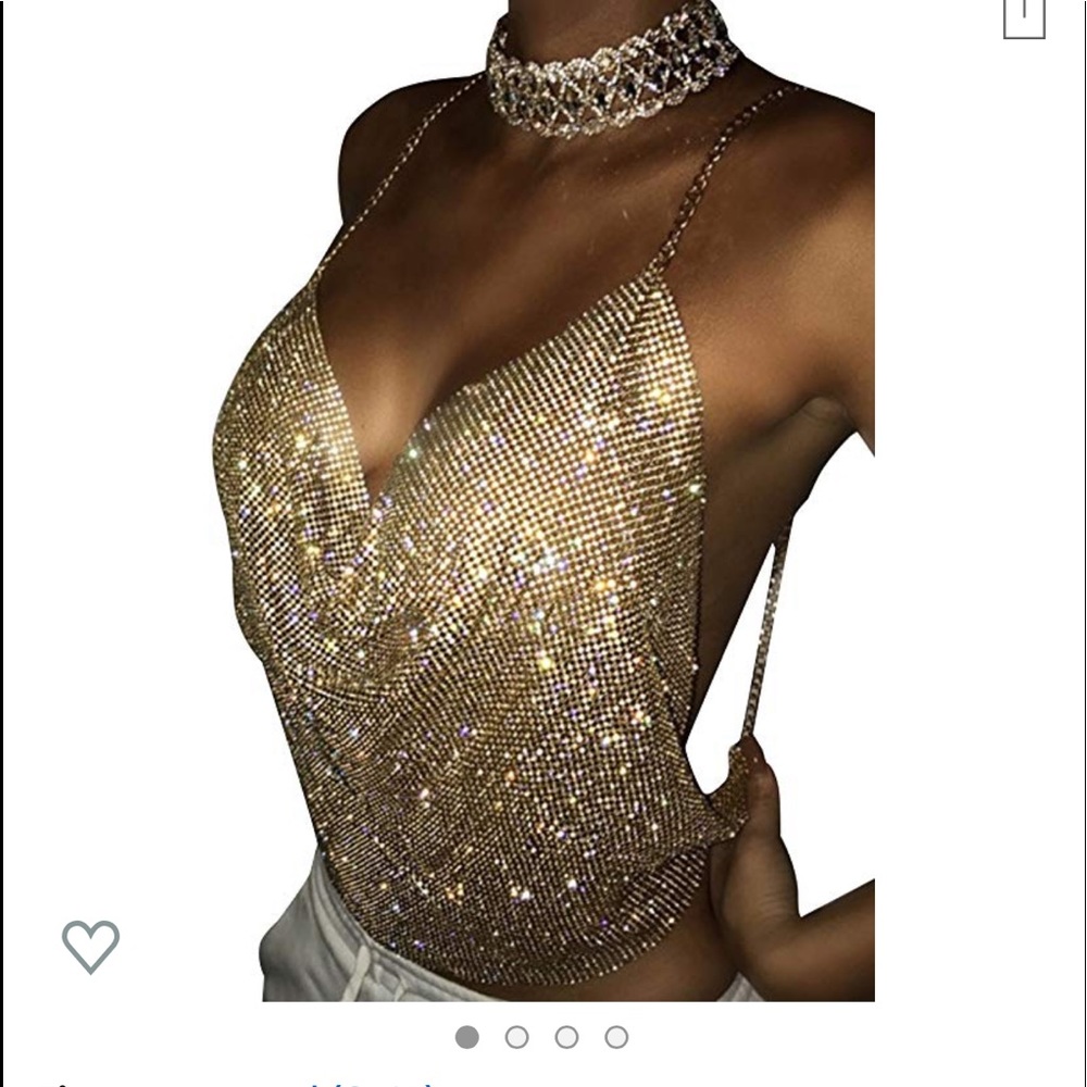 Gold metal and rhinestone open back halter top